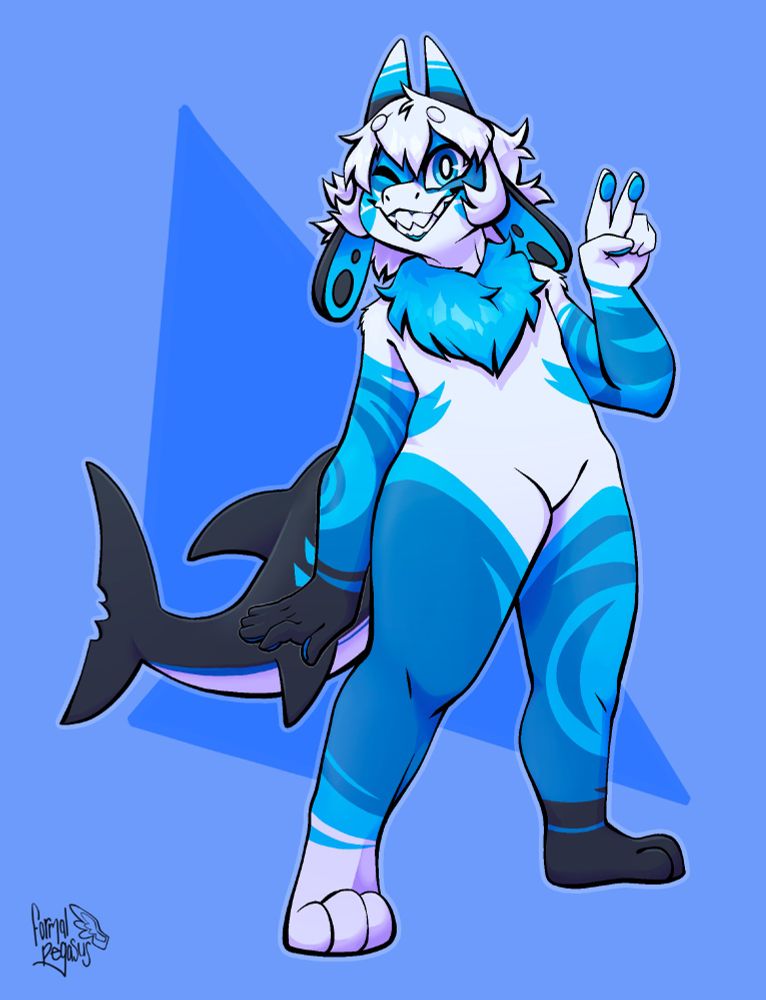 A full-body art piece of an anthropomorphic shark facing the camera giving a 'peace' sign. Just by looking at this fish you can tell it is very fruity.