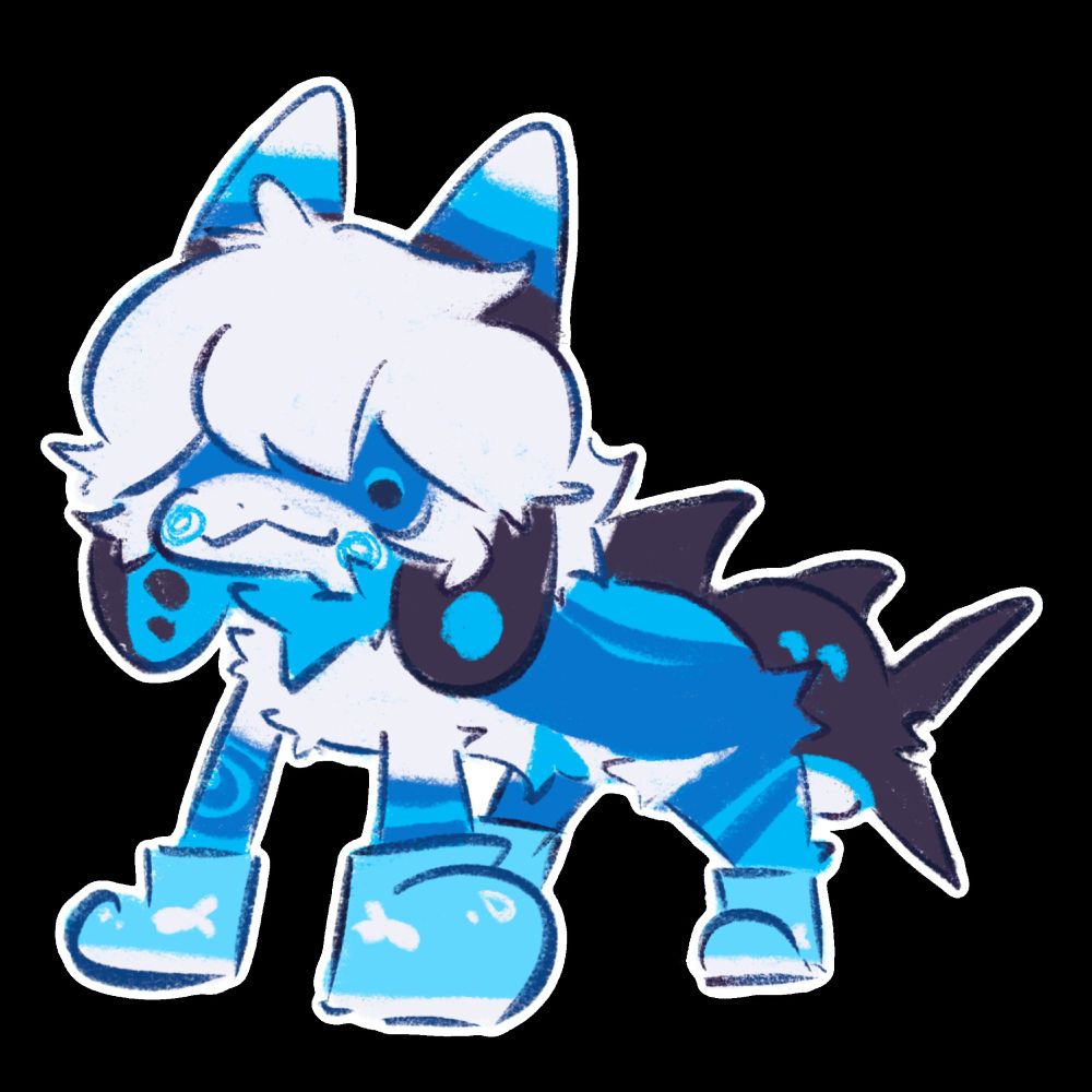 A cartoonish drawing of a shark furry wearing four pairs of blue shoes. This fish can't throw bricks with all those shoes on.