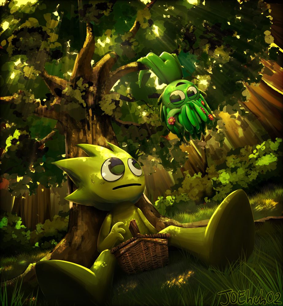 An art of two character in a warm forest