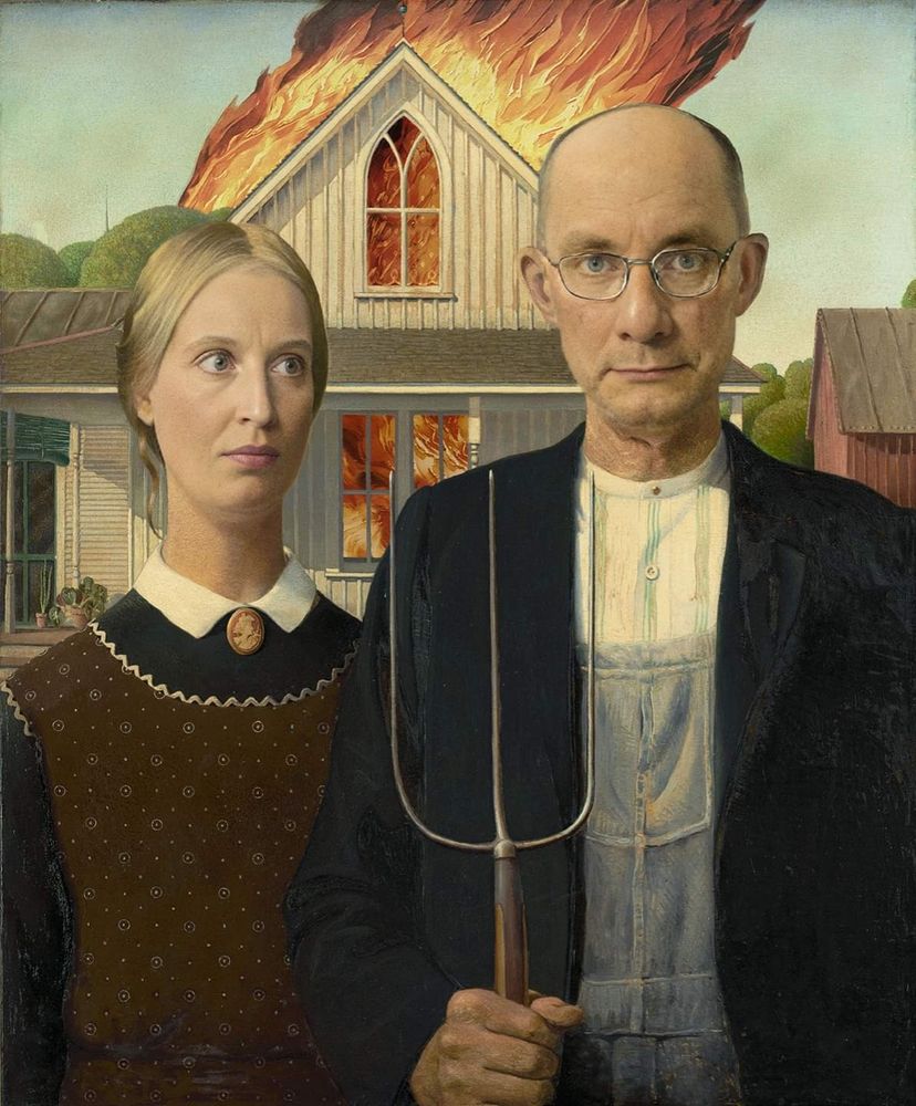 AfD Idioten ( Weidel und Chrupalla) mit Mistgabel in der Hand. Im Hintergrund ist ein brennendes Haus zu sehen.