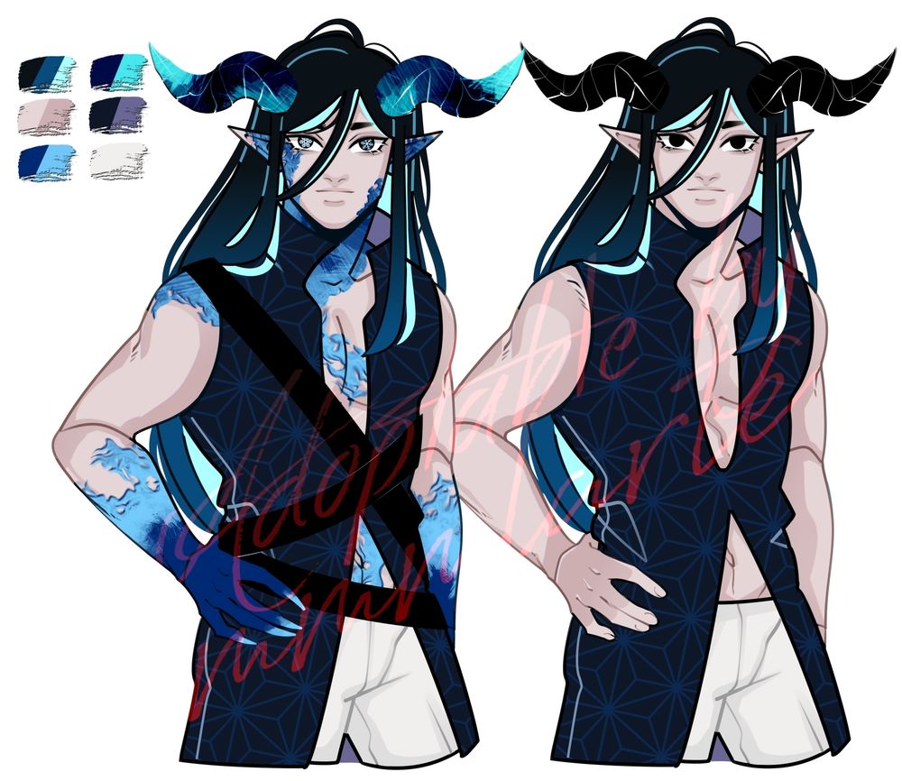 A simple colored character ref. sheet of a halfbody humanoid / demon in a front view pose with their right hand on their hips and looking directly with a neutral expression.