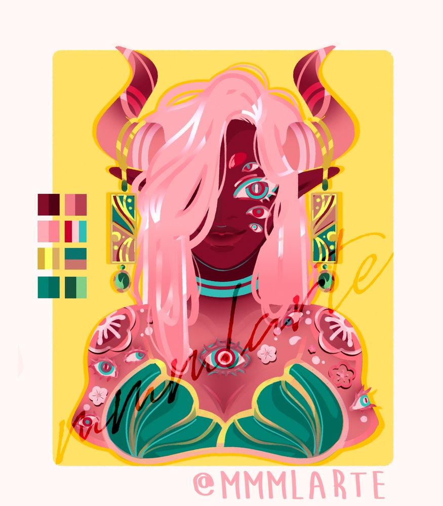 A colored busts of a humanoid - demon character in the colors of soft pink, red, teal and gold in an Oni inspired theme.