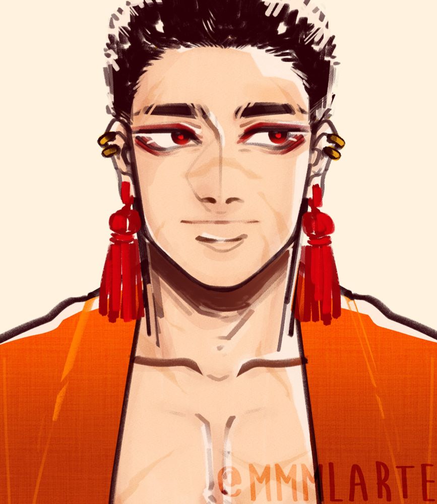A colored sketch bust of my JJK OC Aki in front view looking to the side with a neutral expression. He's wearing an open orange kimono/yukata showing scars across his chest, neck & all over his face. He's also wearing red tassel earrings & small golden piercings on both his ears.