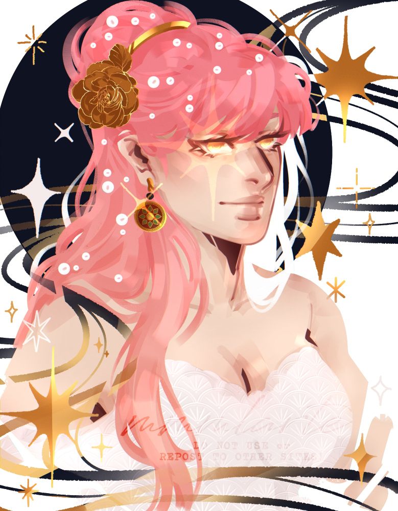 A colored portrait of my oc Momo in a 3/4 sideview angle with a neutral expression. She is wearing strapless white top, golden head accessory & earring. Her long pink hair is tied in a half bun hairstyle with pearl beads adorning all over her hair. Different sparkle shapes are all over her in the background.