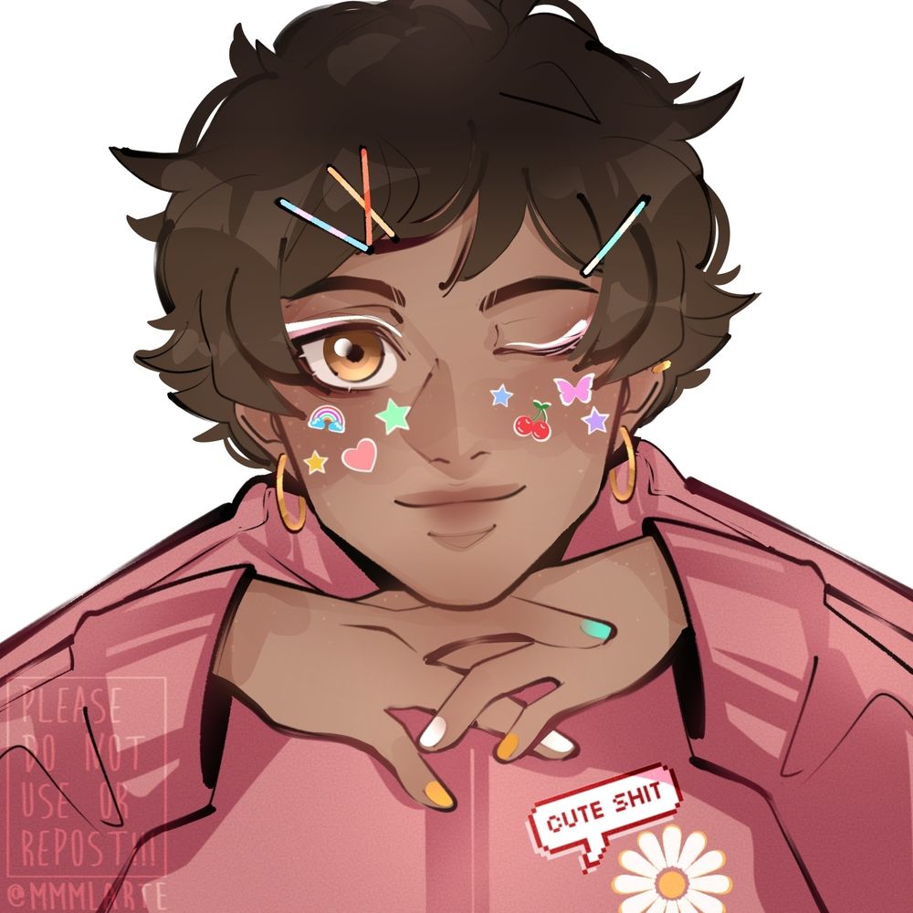 A colored bust of my oc Cora in front view, winking with a happy expression

He's wearing pink jacket with logo stamps of 'cute shit' speech bubble and a white daisy flower. There's a bunch of cute stickers all over his face and colorful bobby pins on his hair.