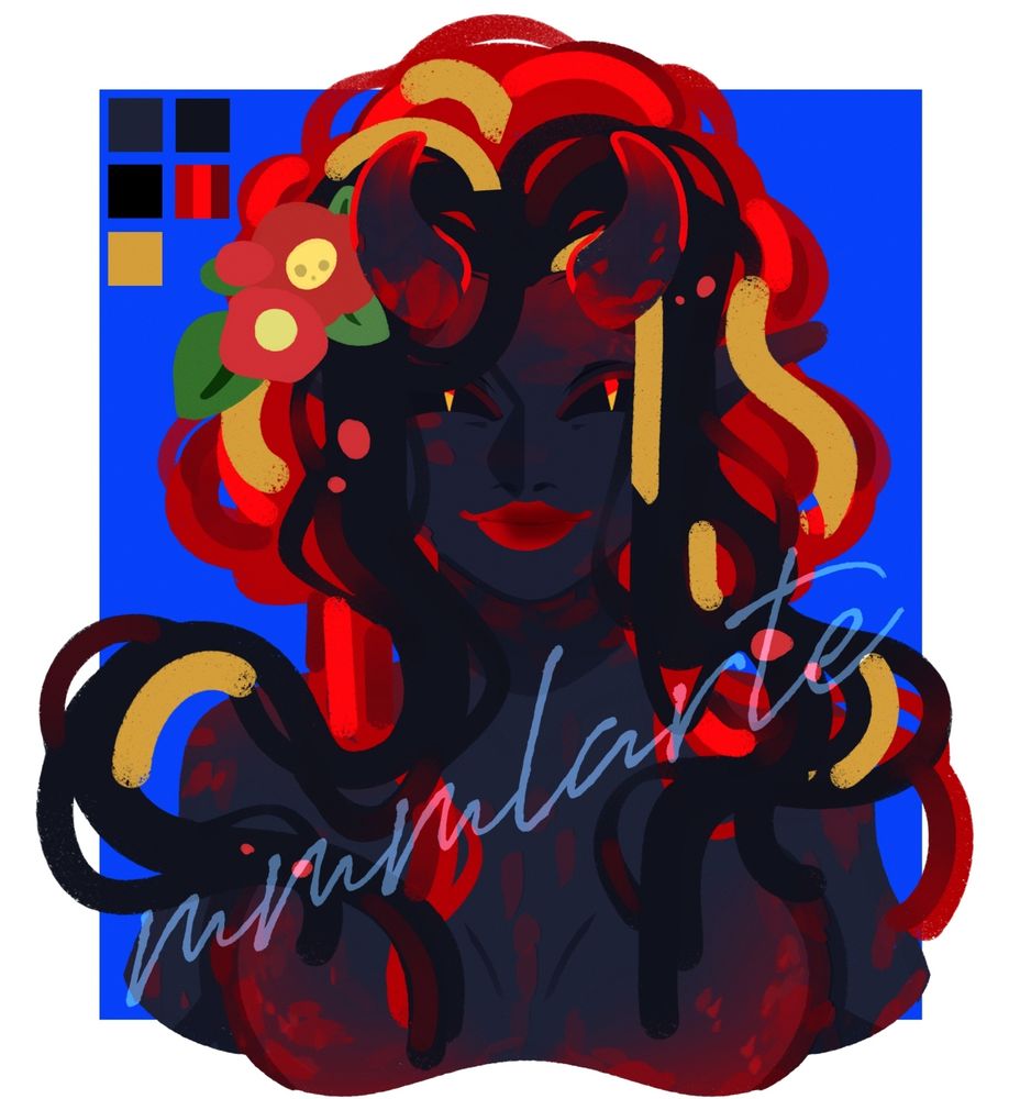 A colored busts of a humanoid - demon character in the colors of dark grey, black, reds and yellow gold.
