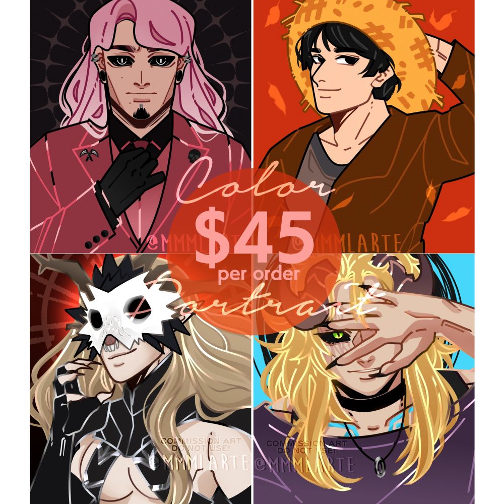 Commission Info image for my Color Portrait, 4 different characters are shown and the text written is: Color Portrait $45 per order