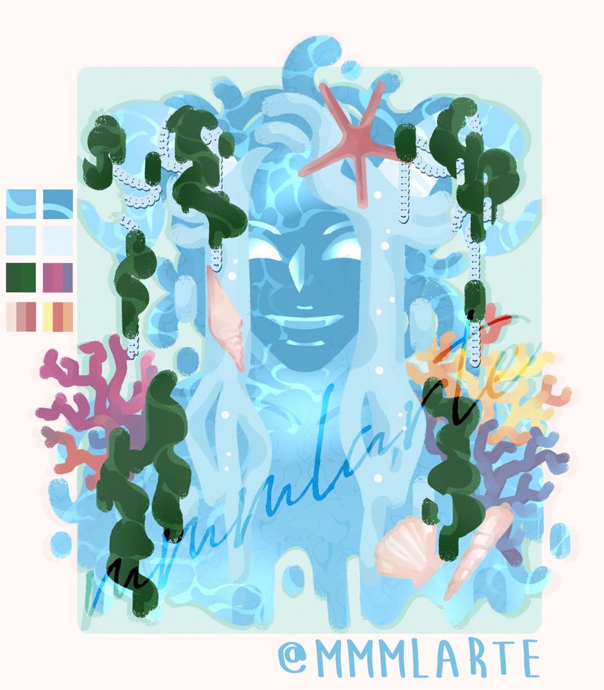 A colored busts of a humanoid - demon character in the colors of light blue, green, pink, yellow, violet and in a sea water theme. Seaweeds, chains, colorful corals & shells all over its horn & body.