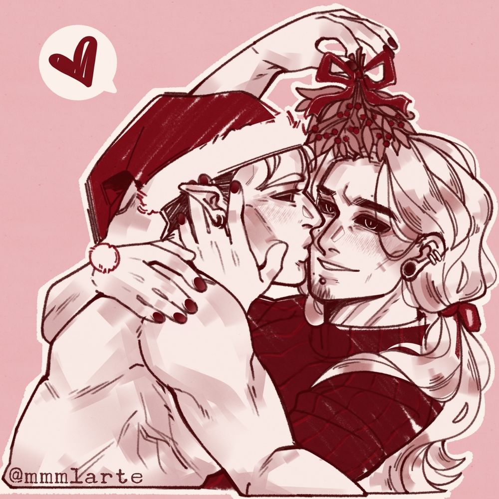 A red monochromatic sketch of my OCs Lazaro and Abel in a tight embrace. Lazaro holding a ribbon tied mistletoe over their head while kissing Abel on the cheek and both are blushing.