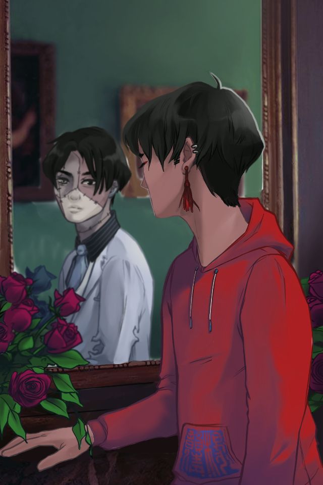 A colored artwork of my oc Aki looking into a mirror his reflection is that of his zombie persona as corpse groom.