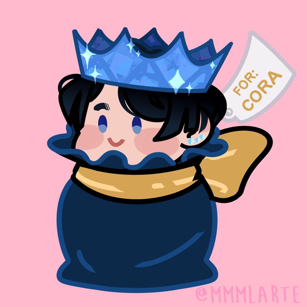 A colored chibi artwork of my oc Aki in his AU self as Winter Prince, he's inside a blue sack / pouch with yellow ribbon tied on it and he is smiling.