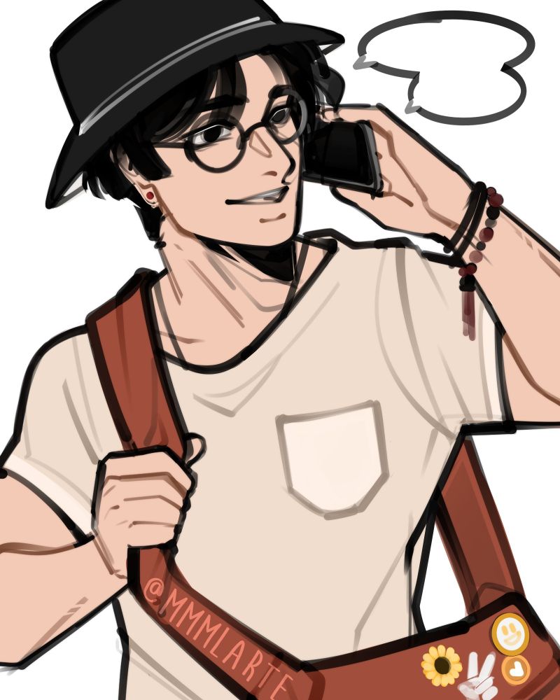A colored waist up sketch of my oc Aki holding a phone to his ear, talking to someone while his right hand is clasping his messenger bag.