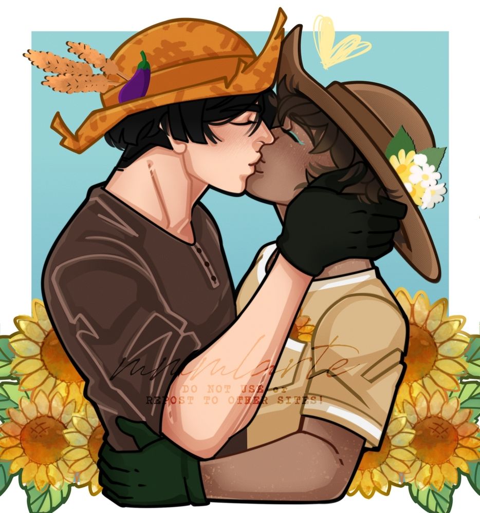 A colored couple artwork of my OCs Aki and Cora on an embrace and sharing a smooch. They're both wearing a farm / gardening attire and behind them are sunflowers.