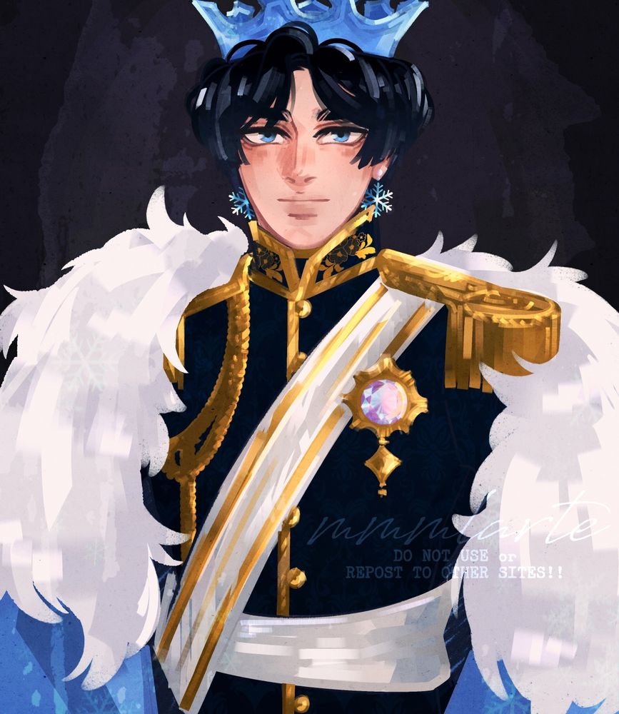 A colored waist up portrait of my OC Aki in his AU version as the Winter Prince. He's wearing a royal attire and looking directly in front with a serious / neutral expression.