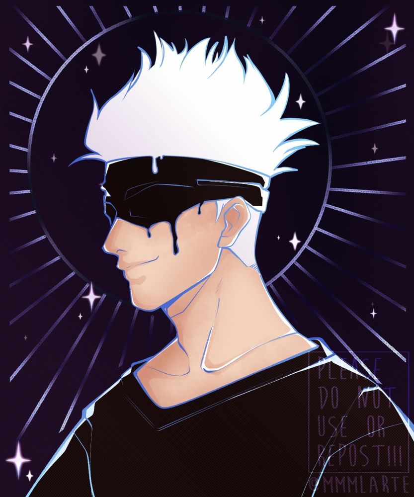 A colored portrait of Gojo Satoru from Jujutsu Kaisen. He's in 3/4 sideview with a smirk expression. He has a white hair styled upward, wearing black blindfold and a dark shirt. Stars / Sparkles and ray of light behind him in the background.