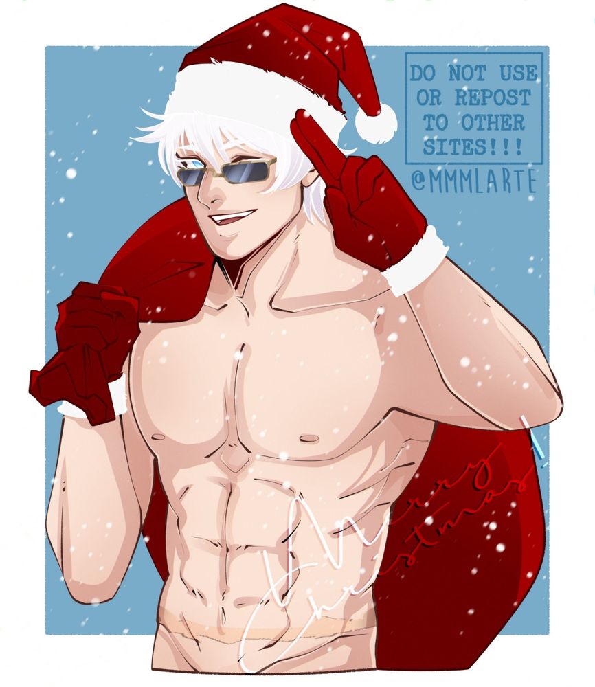 A colored waist up artwork of Gojo Satoru from Jujutsu Kaisen, topless, wearing Santa hat, red gloves and holding a big red sack over his right shoulder, left hand in a peace salute pose looking in front with a wink