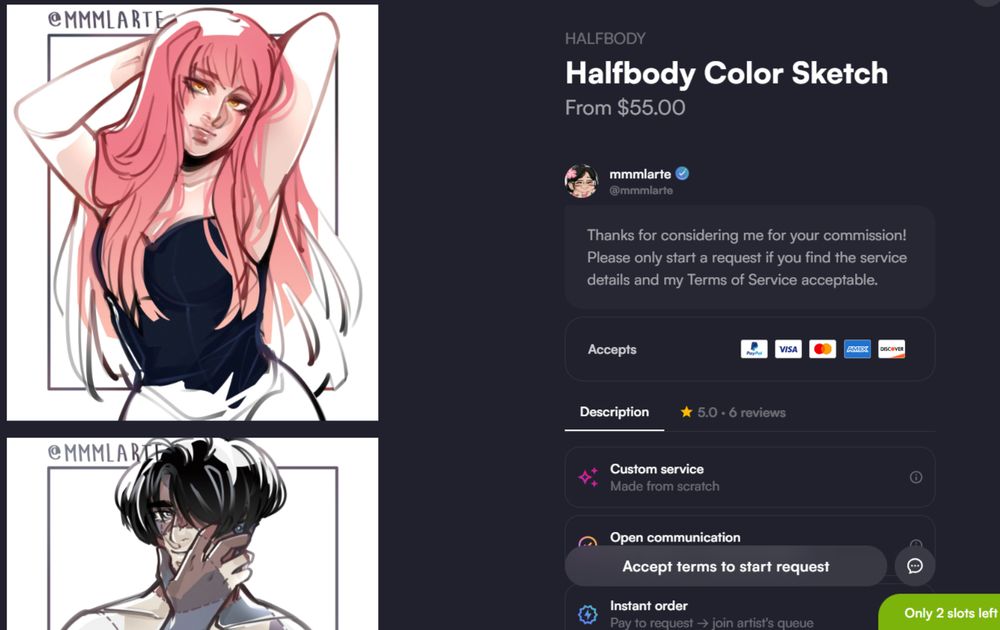 A screenshot from my Vgen page of my Halfbody Color Sketch commission service. From left side you can see sample artworks of my OCs, while on the right side are written info about the commission.
