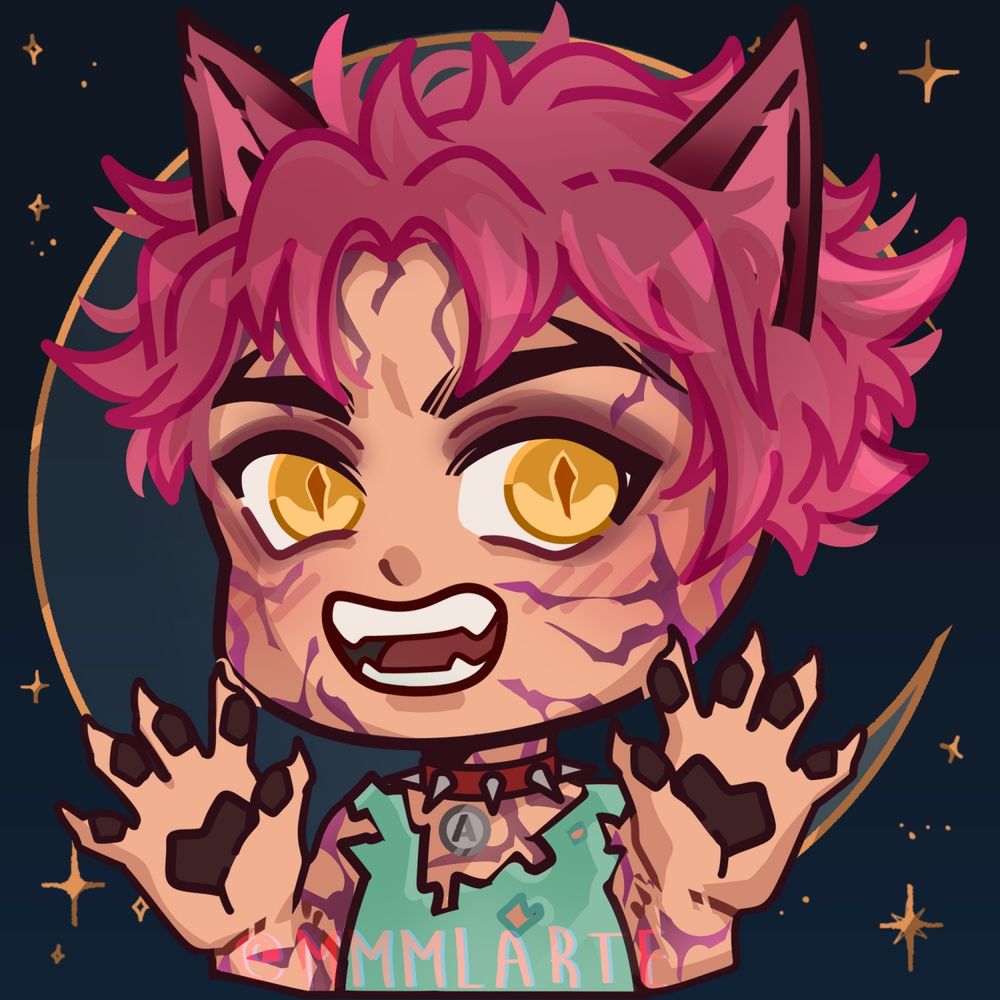 A chibi bust icon artwork of Abby Saja as a werewolf, he's in 3/4 view pose, both paws are lifted up and he has an amuse expression while showing his sharp fangs. Crescent Moon & Stars behind him on the background.
