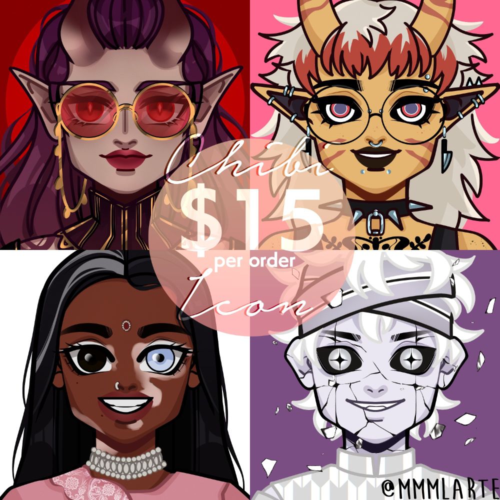 Commission Info image for my Chibi Icon, 4 different chibi characters are shown and the text written is: Chibi Icon $15 per order