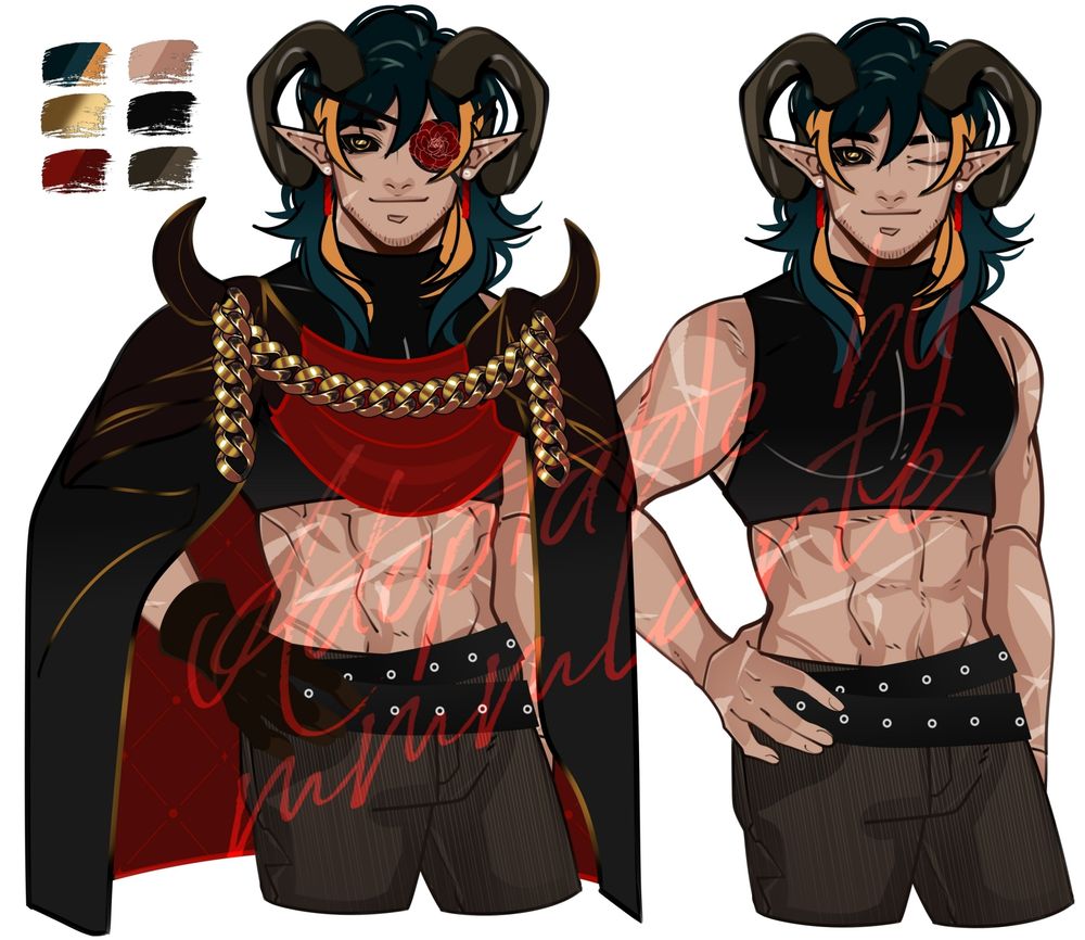A simple colored character ref. sheet of a halfbody humanoid / demon in a front view pose with his right hand on his hips and looking directly with an amuse expression.