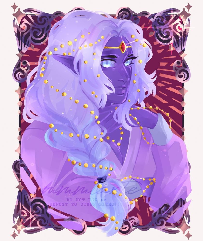 A colored portrait of a female character in a 3/4 sideview angle, her left hand is prop under her chin and with a calm neutral expression on her face. She has a long braided hair with golden beads around it, violet / purple skin, light blue eyes and she's wearing lilac colored long-sleeved top. Intricate frame, sparkle & light rays behind her as background.