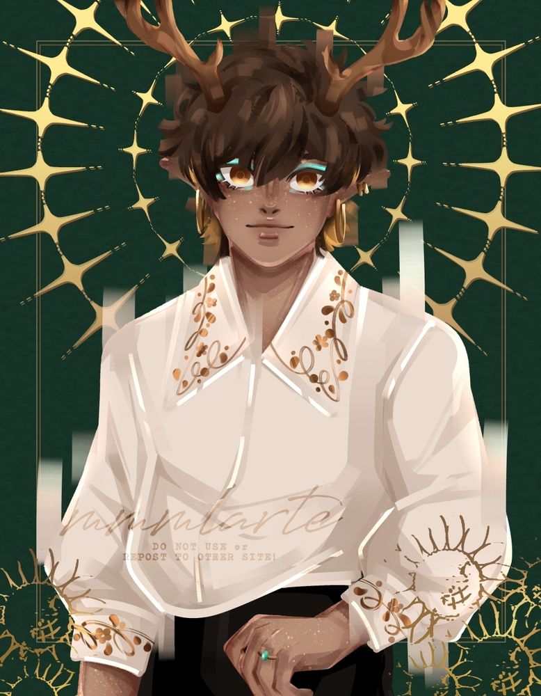 A colored waist up portrait of my OC Cora in his fantasy Deer Prince AU version. He has a curly short brown hair with tinge of yellow on the nape area, two deer antlers on top of his head, deer ears to were human ears are supposed to be, golden eyes & freckles. he's looking directly in front with a small smile expression

He's wearing a cream colored long sleeves top with golden intricate patterns on the collars & sleeve cuffs and a black pants. His accessories are golden hoop earrings each of his ears, his left ear also have two smaller hoop earrings just right beside the larger one and a ring with a teal gem on his left hand's ring finger.