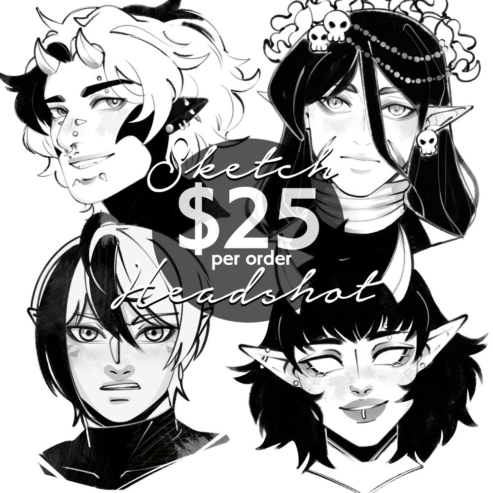 Commission Info image for my SketchHeadshot, 4 different characters are shown and the text written is: Sketch Headshot $25 per order