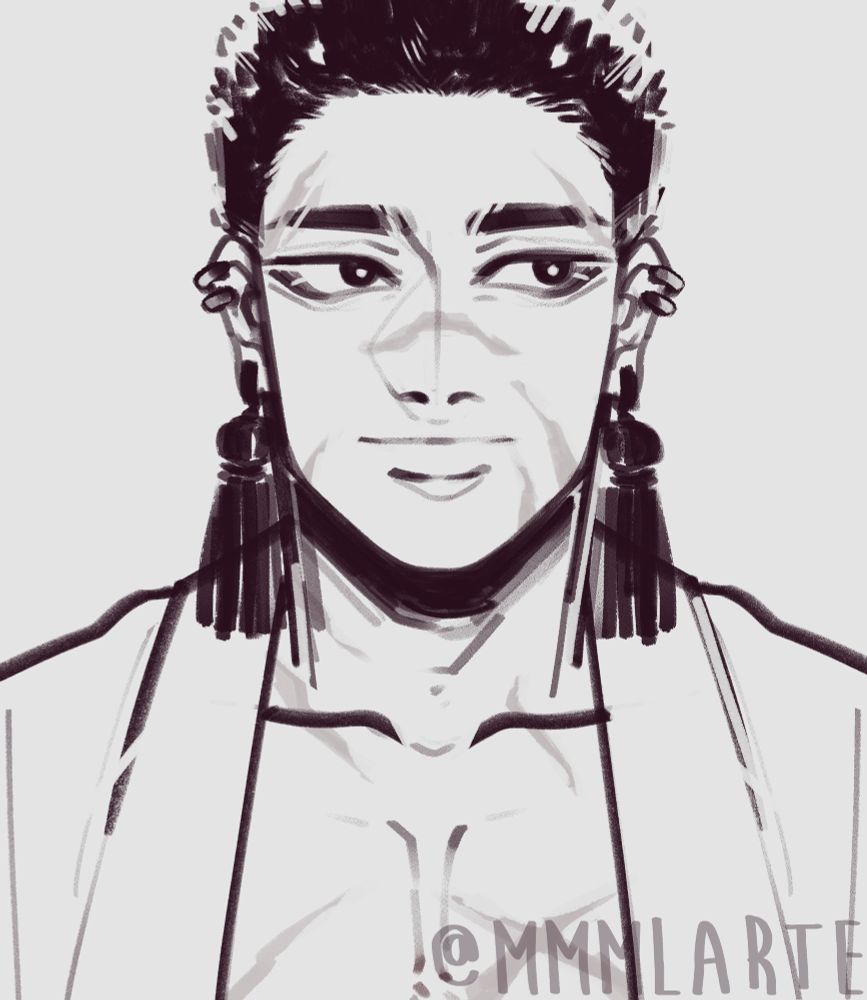 Uncolored sketch bust of my JJK OC Aki in front view looking to the side with a neutral expression. He's wearing an open kimono/yukata showing scars across his chest, neck & all over his face. He's also wearing tassel earrings & small piercings on both his ears.