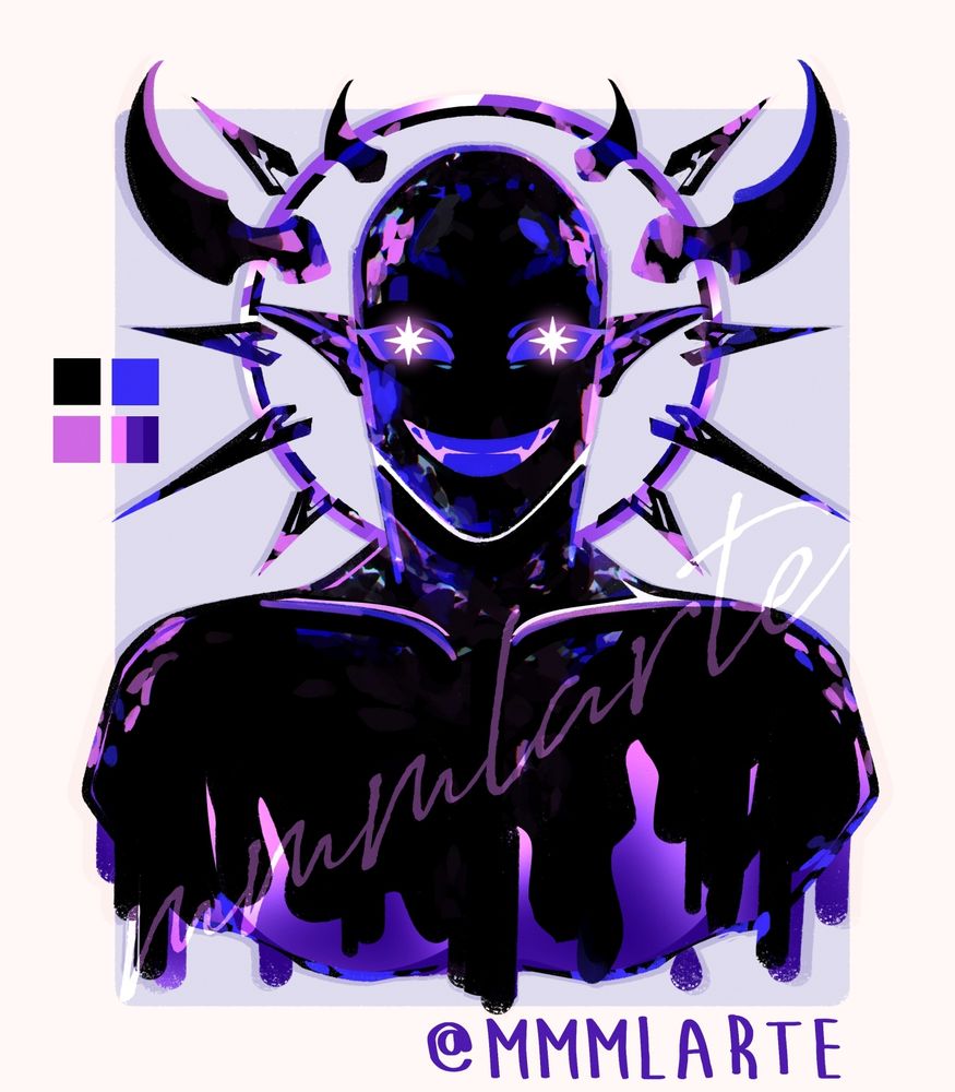 A colored busts of a humanoid - demon character in the colors of black, blue, violet & bright pink in a shadow / dark slime theme.