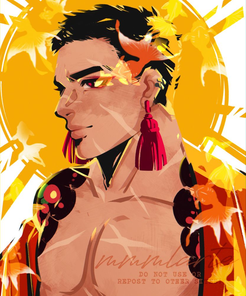 A colored portrait of my oc Aki (in his JJK AU version) in a 3/4 sideview looking to the left with a serious expression

He's wearing an untied open orange yukata, fishes are swimming out from his yukata to the background in a colorful transparent array, a shape of a sun behind him.