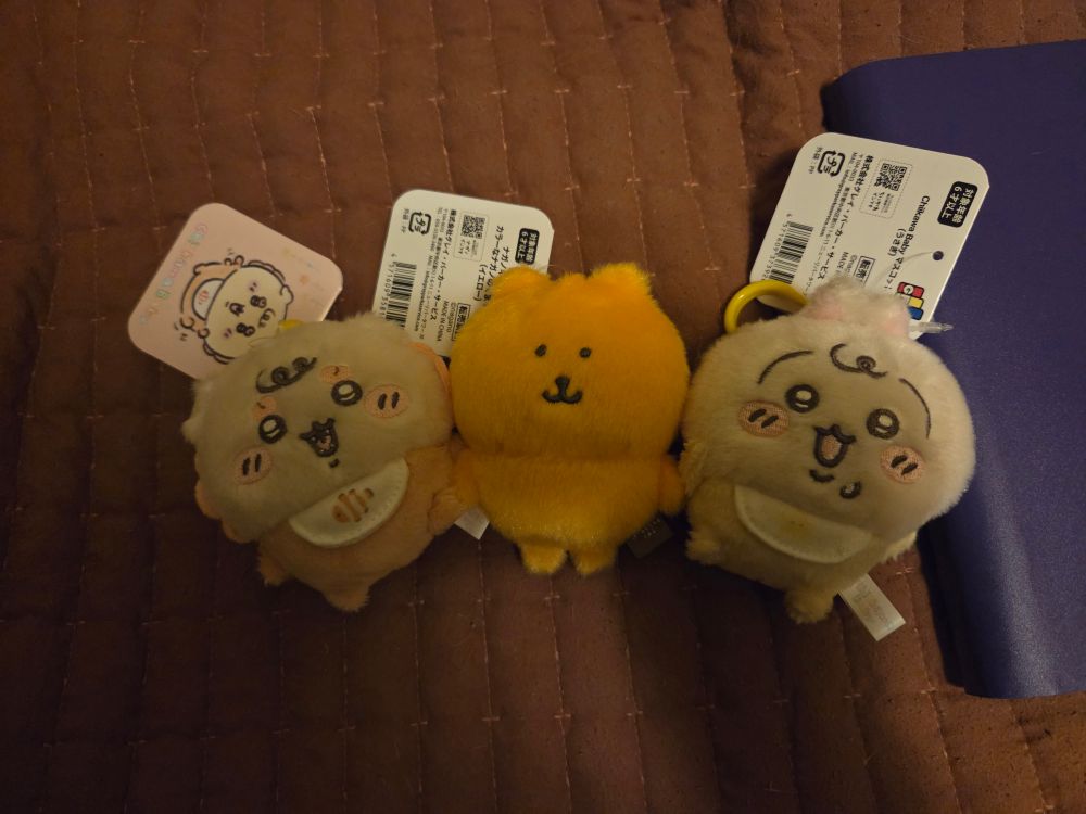 A photo of three small plushie keychains. On the left and right are baby versions of the characters Shisa and Usagi from the Chiikawa series, and in the center is a yellow version of the character Joke Bear, another character illustrated by the artist nagano