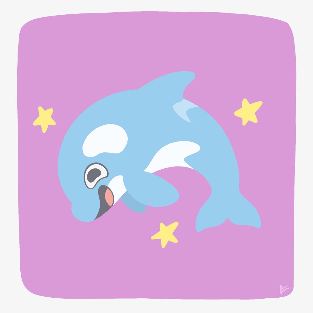 Blue orca smiling with stars around it