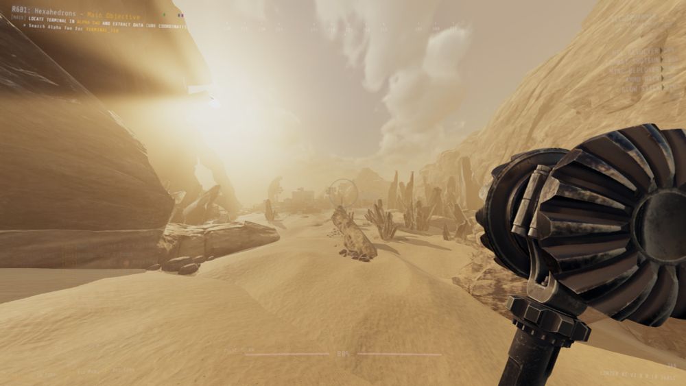 Sand swept dunes marred by rocky and crystalline outcrops, all beneath a blinding yellow sun. A small research outpost is in the distance, backlit and obscured by ambient haze. 