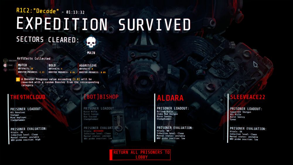 R1C2: "Decode" - 1:13:32
EXPEDITION SURVIVED
SECTORS CLEARED - MAIN