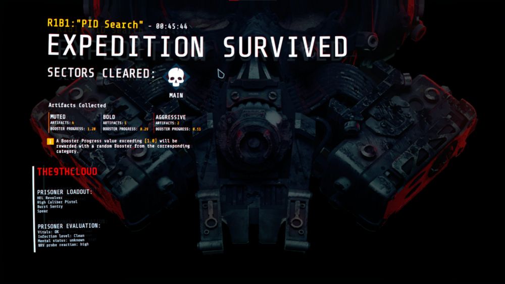 R1B1: "PID Search" - 00:45:44
EXPEDITION SURVIVED 
SECTORS CLEARED: MAIN 