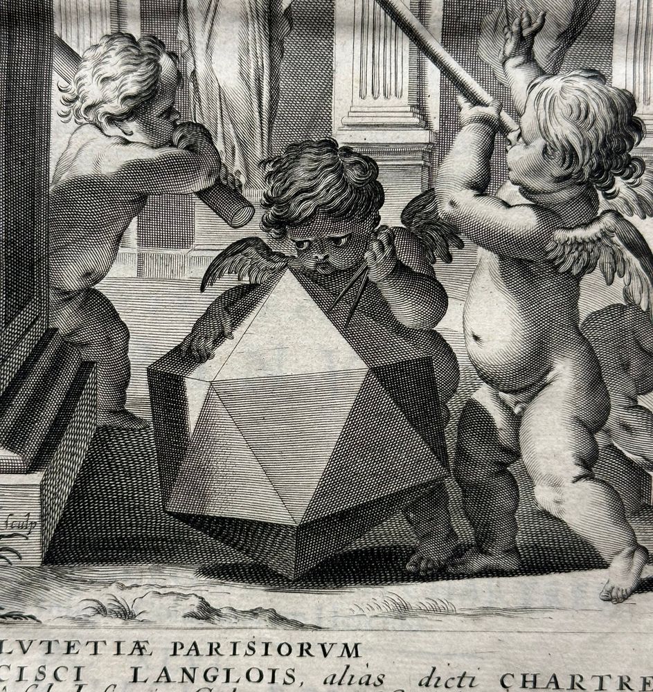 An unbelievably grumpy-looking cherub measuring a polygon with a compass, flanked by two other regular looking cherubs