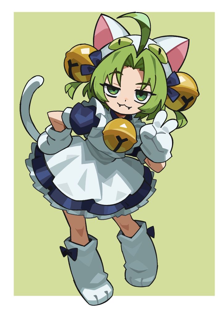 a digital illustration of the character Dejiko from Di Gi Charat. she is wearing her default outfit of a maid dress with cat-themed mittens, shoes, and hat. she is standing in a confident pose, with one hand on her hip and showing a peace sign with the other. she is looking at the viewer, smiling with a smug facial expression.