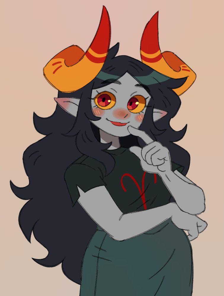 a digital illustration of aradia megido from homestuck, cropped just below her hips on a simple background. she has one arm draped across her waist and is resting the index finger of her other hand on her chin. she is smiling and blushing, looking towards the viewer with bright eyes.