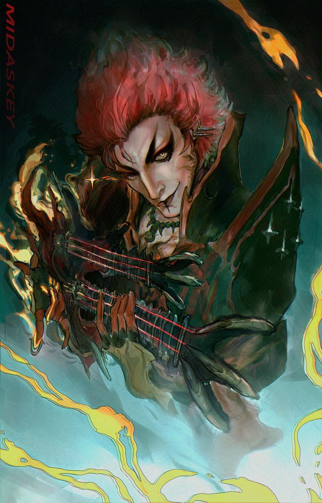 Artwork of Flare Varleon with Lizzie The Infested Guitar, surrounded in flames on stage, illuminated by spotlight