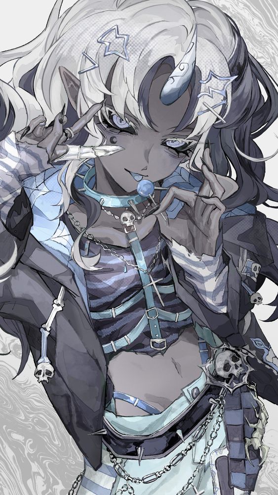 Lanora in her emo outfit. Lanora is unicorn skeleton wraith with gray skin (semi-transparent in places to show her bones) and white hair. In this outfit, her hair is in a messy wolf cut and has black streaks in it. She wears a skeleton-themed hoodie with patches on it, a light blue body harness, a cross necklace, a semi-transparent shirt with black and blue stripes, a and a black bra underneath. She also wears baggy patched jeans with a thick spiked belt with a skull buckle. Her underwear straps are showing pulled up over her hips.

She's giving a cheeky expression with a peace sign over her eyes, while holding a sucker with their other hand. The picture is half-body, so it cuts off at her hips. The caption text says "Are you obsessed?"