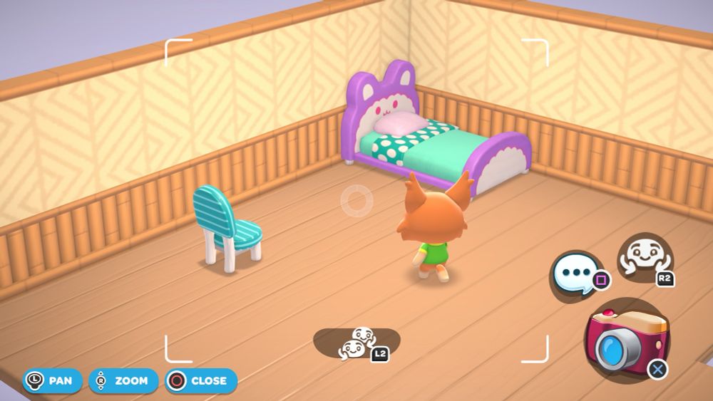 a single chair facing a bed in an otherwise empty bedroom in hello kitty island adventure 