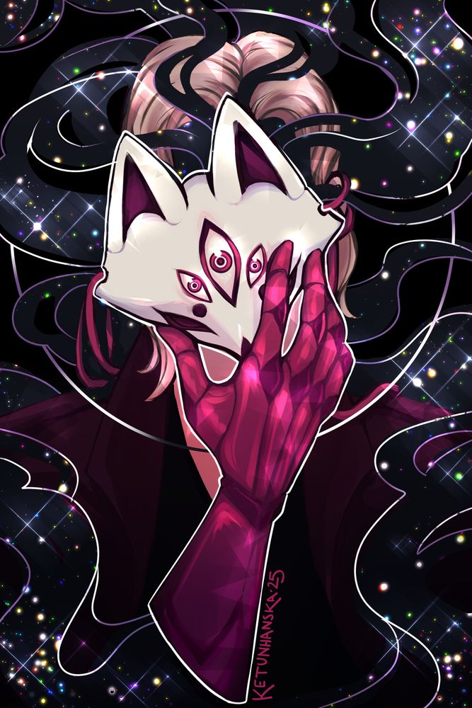 digital drawing by ketunhanska. a person from the chest up is pictured with on hand held up, holding a white-and-red fox mask with three eyes on its forehead. the mask covers half of their face, and from behind the mask billow out strands of smoke in which many colourful stars sparkle. the person has dirty blond hair, light skin, and a red gloves, and any parts of their face that could be visible are hidden behind the spacey effect