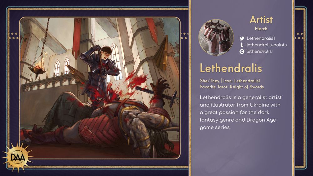 A square cropped fanart by Lethendralis, merch artist, of Marian Hawke from Dragon Age 2 killing the Arishok, who is prone on the floor of the Viscount's keep.