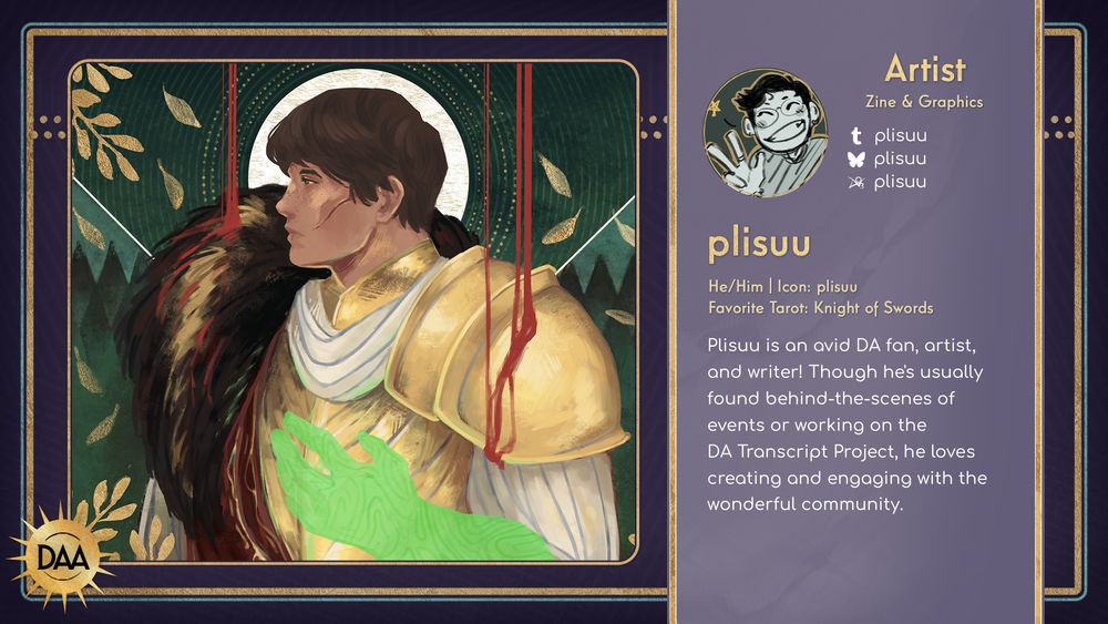 A square cropped fanart of an OC Male Trevelyan from Dragon Age Inquisition in the Dragon Age Tarot style. He is wearing heavy armor, a fur cloak, and depicted in profile facing left. Red blood streaks are falling on his shoulders and the background is green with gold laurel patterns.