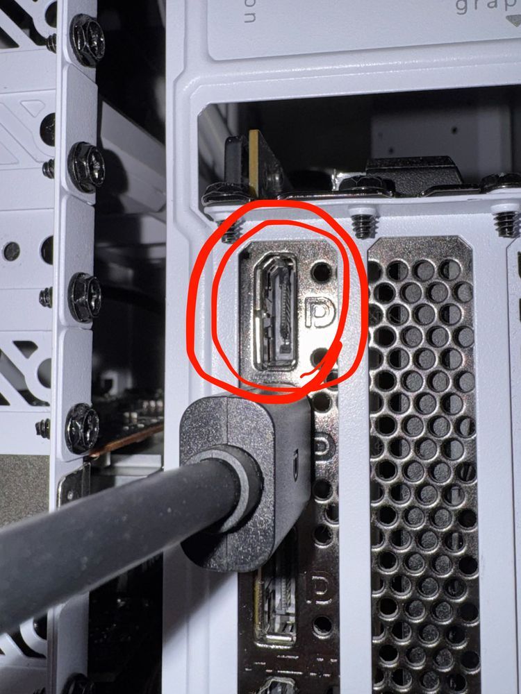 The back of a PC focusing on a GPU. There’s a red circle around a DisplayPort with a chunk missing from the inside.