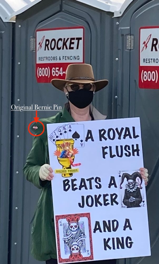March 14, 2025. California State Capitol, Sacramento. Standing next to a porta-potty with my protest sign which reminds those familiar with the game of poker that a Royal Flush- shown in spades- beats a Joker and a King. At the top, a toilet depicted as a golden throne is shown with a crowned individual with a long red necktie swirling in the bowl as it’s being flushed. In the middle, an image of a menacing, gothic Joker with horns in the shape of the letter M symbolizes an individual who orchestrated the systematic destruction of foundational governmental agencies providing humane services to citizens of our country and the world. At the bottom, an image of a ghoulish King playing card refers to one who delighted in the sociopathic fantasy that he was indeed a king.