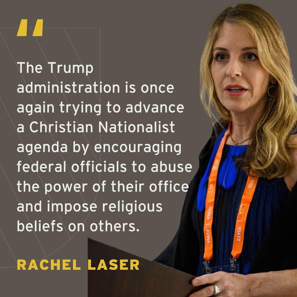 Quote by Rachel Laser criticizing the Trump administration for advancing a Christian nationalist agenda, with Rachel Laser depicted speaking at a podium.