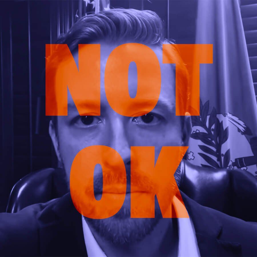 Ryan Walters with a serious expression is pictured in a blue-toned image with the phrase "NOT OK" in bold, orange letters across the face.