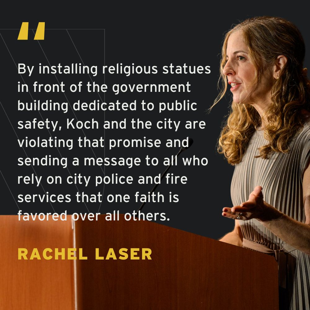 Rachel Laser speaks at a podium, quoting concerns about government involvement in religious statues, suggesting it sends a biased message about certain faiths.