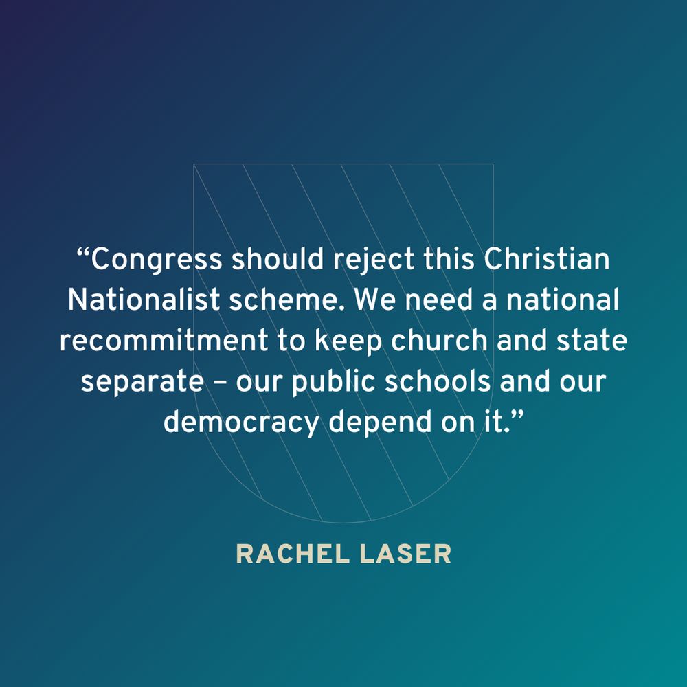 Quote by Rachel Laser on a blue background, advocating for the rejection of Christian Nationalism to maintain the separation of church and state for democratic dependency.